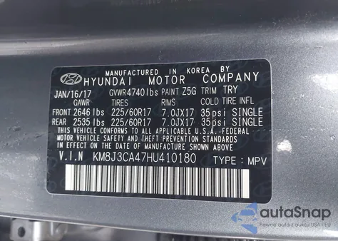2017 Hyundai Tucson Se from USA, damaged, VIN KM8J3CA47HU410180